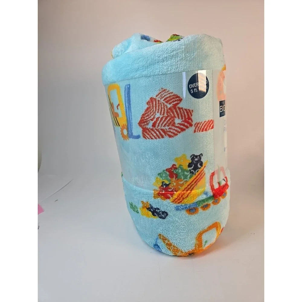 The Big One Kids Construction Trucks Blue Supersoft Plush Throw 5'‎ X 6' *New*